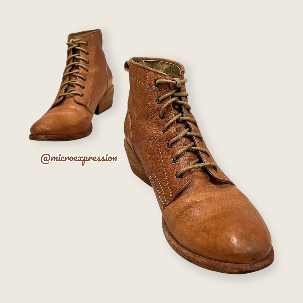 $369 Frye Carson Lace-Up Tan Cognac Real Leather Lace Up PullOn Heeled AnkleBoot - Picture 10 of 16